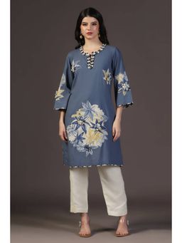 "Two Sisters" by Gyans - Peacefull Blue Cotton Printed Applique Kurta With Bottom