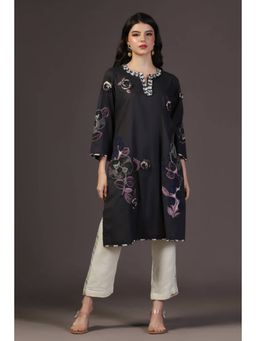 "Two Sisters" by Gyans - Midnight Mirage Black Printed Applique Kurta And Bottom