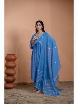 "Two Sisters" by Gyans - Teal Blue Narrow Gathered Suit Set