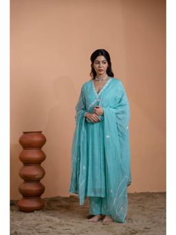 "Two Sisters" by Gyans - Women Blue Chanderi Silk Embroidered Kurta with Pant and Dupatta