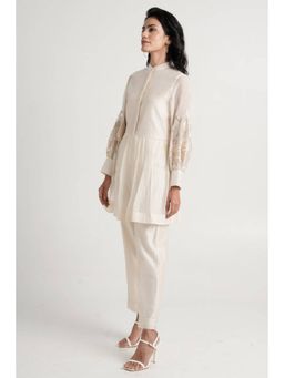 MADDER MUCH - Off White Chanderi Mandarin Neck Solid Peplum Top With Pant Co-Ord Set
