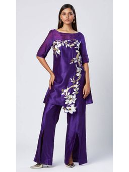 MADDER MUCH - Purple Embroidered Boat Neck Kurta With Palazzo Co-ords