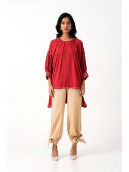 MADDER MUCH - Red Cotton Round Neck Solid Top With Salwar