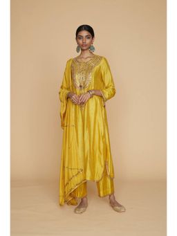 Label Niti Bothra - Multicolour Mustard Resham And Zardozi Heavy-Neck Kurta With Palazzo