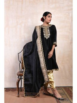 "Two Sisters" by Gyans - Black Organza Embroidered Crew Neck Kurta With Dhoti Pant And Dupatta
