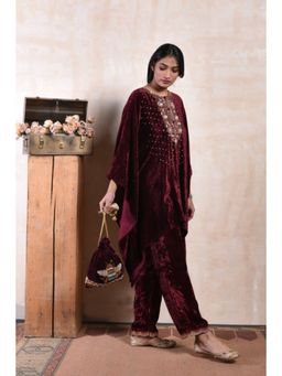 "Two Sisters" by Gyans - Maroon Velvet Embroidered Round Neck Kaftan Kurta And Pant