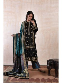 "Two Sisters" by Gyans - Black Velvet Kurta Set With Bandhej Dupatta