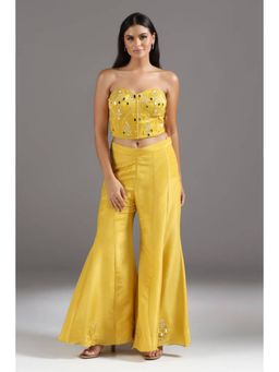 "Two Sisters" by Gyans - Yellow Tissue Embroidered Strapless/Tube Corset With Sharara And Dupatta