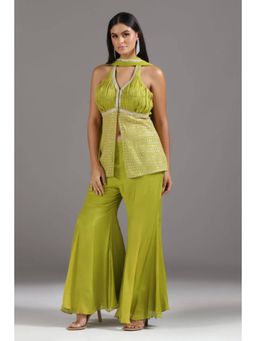 "Two Sisters" by Gyans - Green Georgette Embroidered Tunic Kurta With Sharara And Dupatta