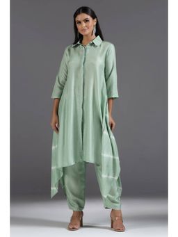 "Two Sisters" by Gyans - Green Silk Solid/Plain Collar Neck Kurta And Pant