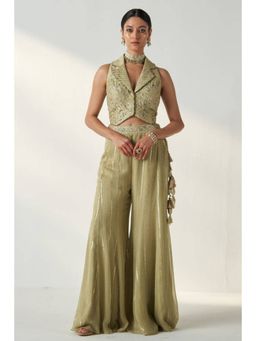 "Two Sisters" by Gyans - Green Chanderi Silk Gilet Jacket And Banarasi Georgette Sharara Set