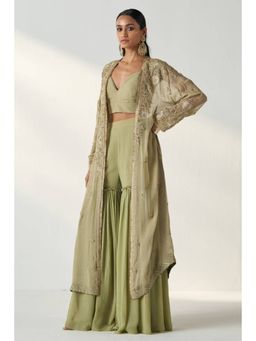 "Two Sisters" by Gyans - Green Georgette Embroidered V-Neck Blouse With Sharara And Cape