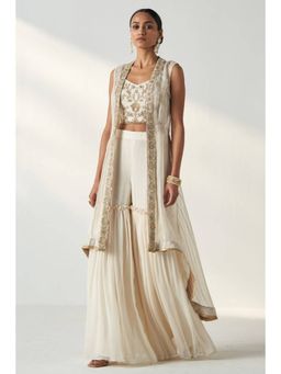 "Two Sisters" by Gyans - Ivory Georgette Embroidered Blouse With Sharara And Cape