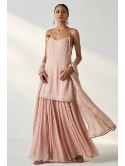 "Two Sisters" by Gyans - Pink Georgette Shoulder Straps Kurta With Sharara And Dupatta