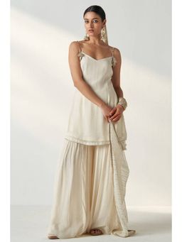 "Two Sisters" by Gyans - Embroidered Ivory Kurta Sharara Set With Organza Dupatta
