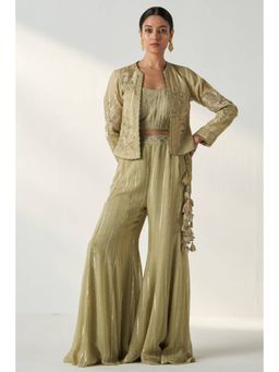 "Two Sisters" by Gyans - Green Georgette Banarasi Jacket Sharara Set