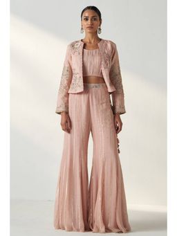"Two Sisters" by Gyans - Blush Pink High Waisted Pant Set With Jacket And Bustier