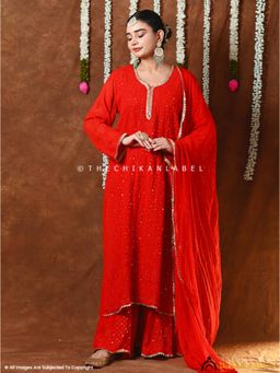 The Chikan Label - Mehr-E-Chaand Viscose Chikankari Kurta With Sharara And Dupatta - Red
