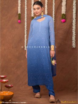 The Chikan Label - Miraya Chikankari Viscose Kurta And Pant With Dupatta - Blue