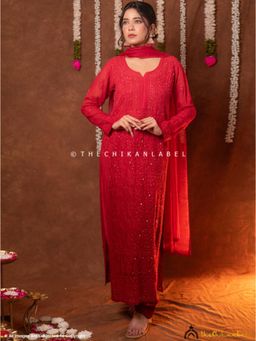 The Chikan Label - Miraya Chikankari Viscose Kurta And Pant With Dupatta - Maroon