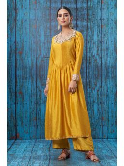 Label Niti Bothra - Women Mustard Silk Embroidered Kurta with Palazzo