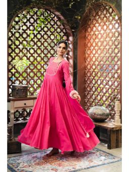 Taraasi - Women Pink Cotton Embroidered Anarkali with Churidar and Dupatta