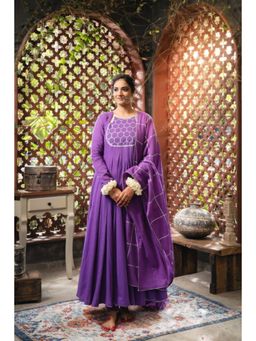 Taraasi - Women Purple Cotton Embroidered Anarkali Kurta with Pant and Dupatta