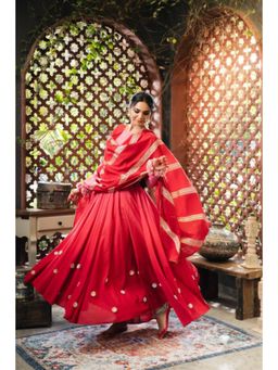 Taraasi - Women Maroon Cotton Ombre Anarkali with Churidar and Dupatta