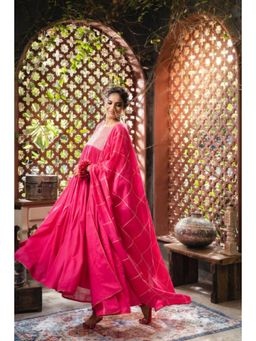 Taraasi - Women Pink Cotton Embroidered Anarkali with Churidar and Dupatta