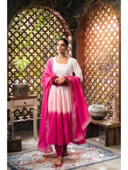 Taraasi - Women White Cotton Ombre Anarkali with Churidar and Dupatta