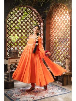 Taraasi - Women Orange Cotton Embroidered Anarkali with Churidar and Dupatta