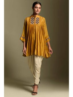"Two Sisters" by Gyans - Women Mustard Satin Embroidered Kurta with Dhoti Pant