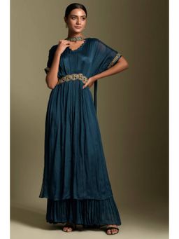 "Two Sisters" by Gyans - Women Blue Chiffon Solid Kaftan with Sharara