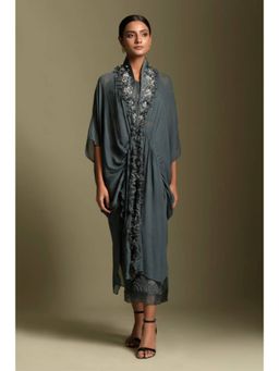 "Two Sisters" by Gyans - Women Teal Crepe Solid Top with Cape and Pant