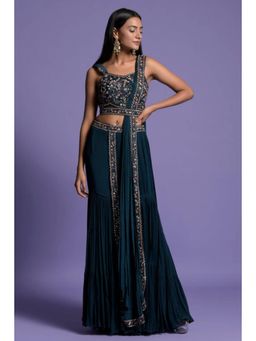 "Two Sisters" by Gyans - Teal Georgette Embroidered Blouse With Sharara And Dupatta