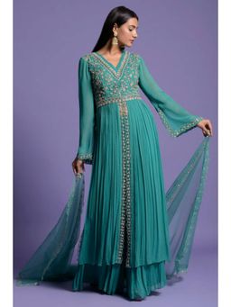 "Two Sisters" by Gyans - Green Antique Silver Embroidered Georgette Anarkali