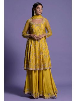 "Two Sisters" by Gyans - Yellow Embroidered Silk Short Anarkali Set