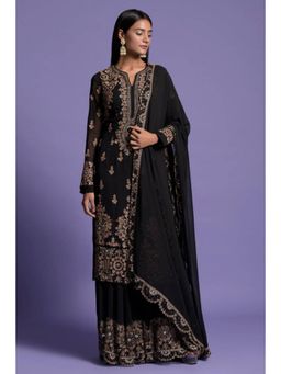 "Two Sisters" by Gyans - Black Georgette Embroidered Round Neck Kurta With Sharara And Dupatta