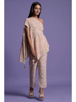 "Two Sisters" by Gyans - Pink Organza Embroidered One Shoulder Kurta And Pant Co-ords