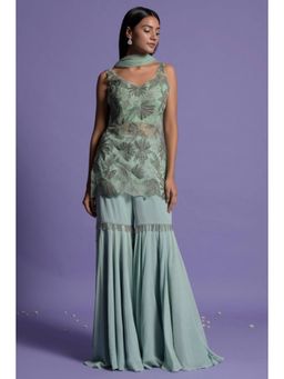 "Two Sisters" by Gyans - Green Georgette Embroidered V-Neck Kurta With Sharara And Dupatta