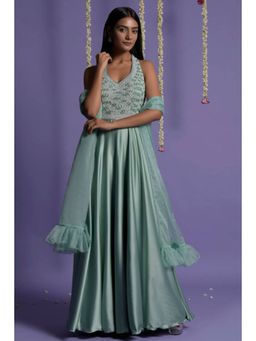 "Two Sisters" by Gyans - Sea Green Embroidered Satin Anarkali Set