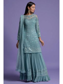 "Two Sisters" by Gyans - Blue Georgette Embroidered Round Neck Kurta With Sharara And Dupatta