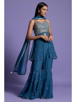 "Two Sisters" by Gyans - Teal Organza Embroidered Shoulder Straps Kurta With Sharara And Dupatta