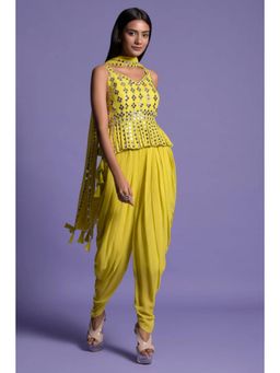 "Two Sisters" by Gyans - Yellow Georgette Embroidered V-Neck Kurta With Dhoti Pant And Dupatta