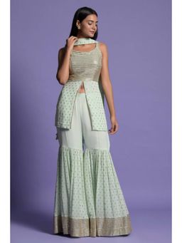 "Two Sisters" by Gyans - Green Georgette Embroidered Round Neck Kurta With Sharara And Dupatta