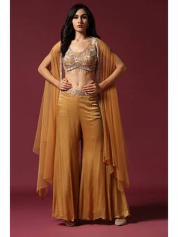 "Two Sisters" by Gyans - Mustard Chiffon Embellished/Sequenced V Neck Top With Sharara And Cape