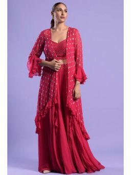 "Two Sisters" by Gyans - Pink Georgette Solid/Plain Sweetheart Neck Top With Sharara And Cape