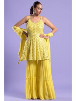 "Two Sisters" by Gyans - Yellow Georgette Geometric V-Neck Kurta With Sharara And Dupatta