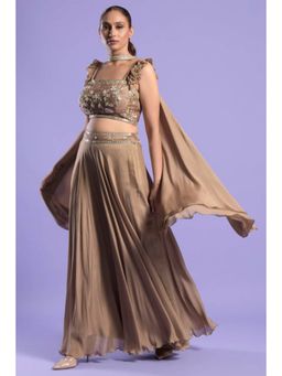 "Two Sisters" by Gyans - Gold Crepe Sequenced Square Neck Top With Sharara And Dupatta