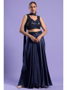 "Two Sisters" by Gyans - Blue Satin Solid/Plain Halter Neck Blouse With Sharara And Dupatta
